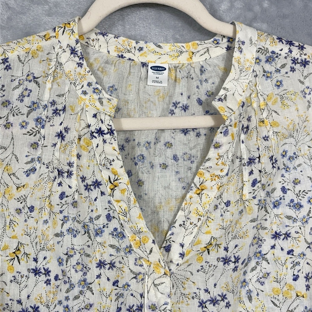 Old Navy Womens Top Linen Blend Ditsy Floral 3/4 Sleeve Blouse Coastal Cottage M - Picture 4 of 9